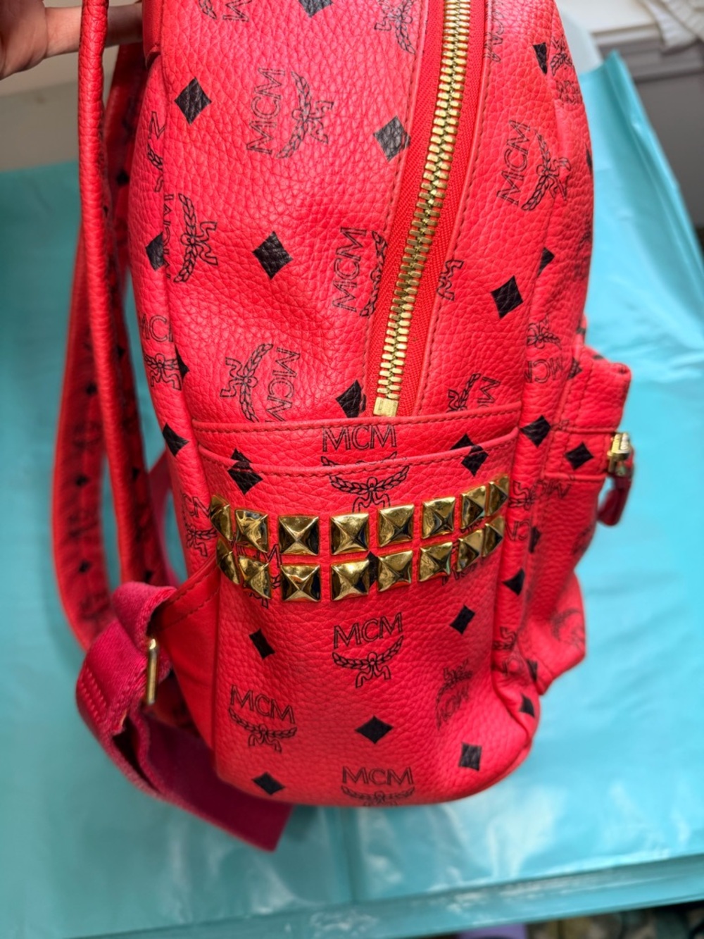 MCM Red Logo-Print Leather Backpack with Gold Hardware - Picture 3 of 7